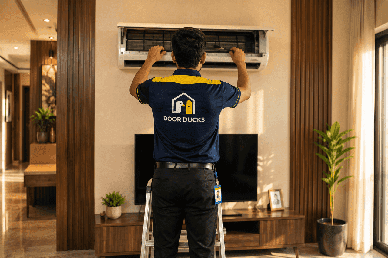 Door Ducks professional servicing an air conditioner