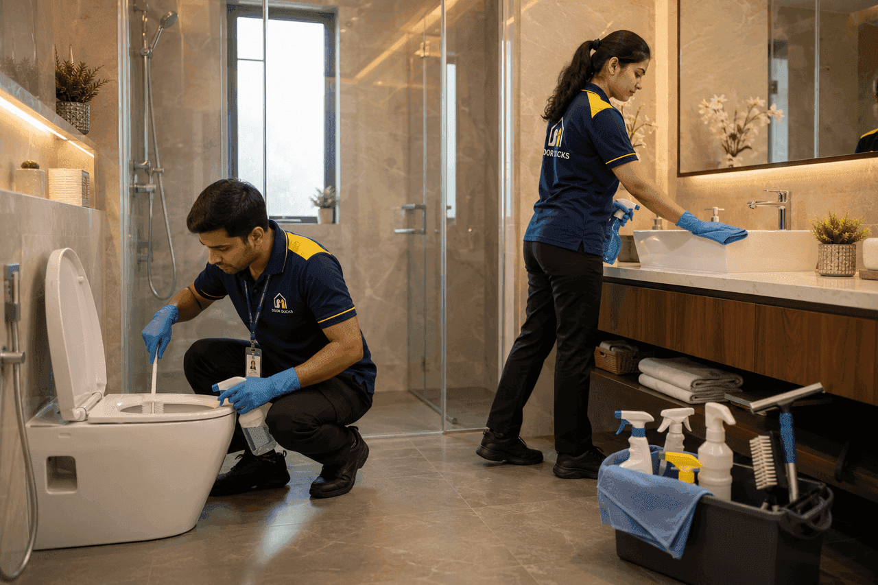 Door Ducks professionals deep-cleaning a bathroom
